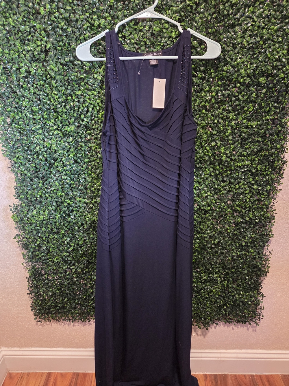 Sleeveless Navy Maxi Dress with Draped Paneling and Studded Shoulders